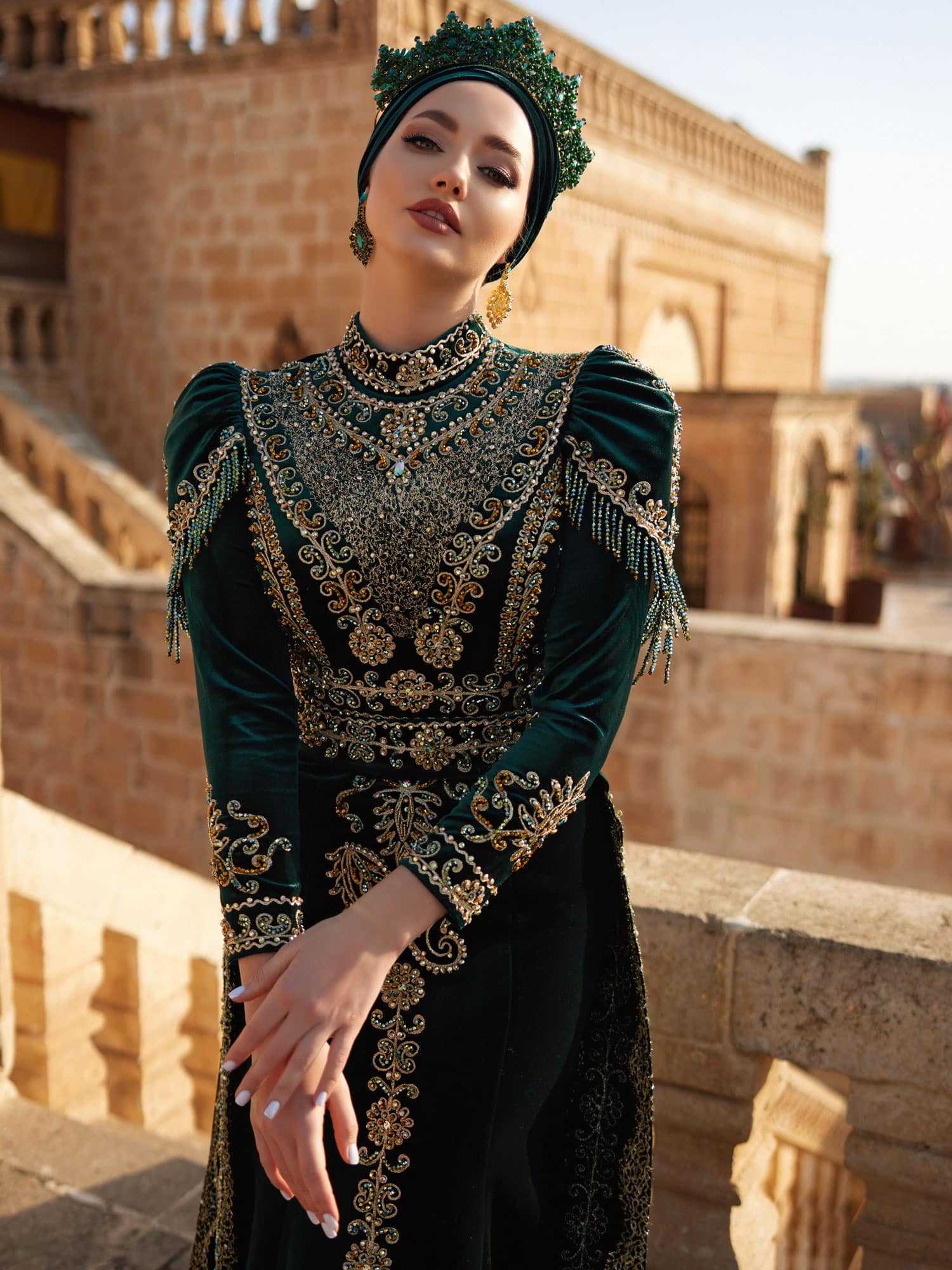 velvet maxiemerald green mermaid designer hand embbroidered gold sequin long sleeve hijab muslim dress niltes (9)