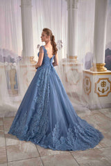 wedding dresses online Anthracite Blue Low Sleeve Halter Long Evening Dress Needle & Thread embroidered (3)