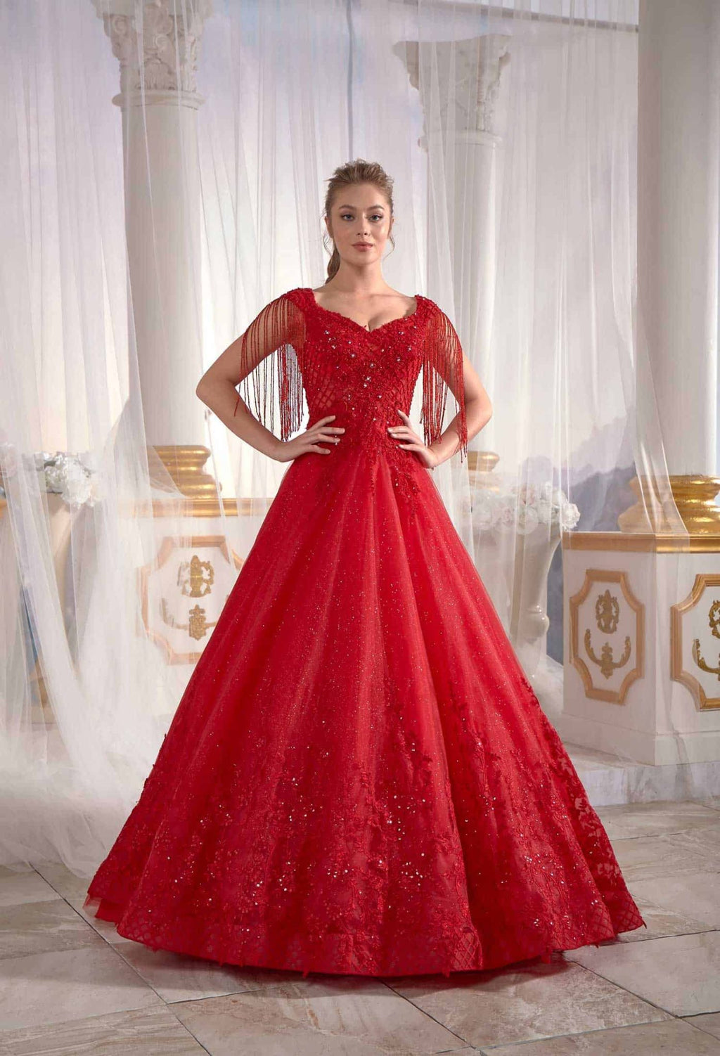 Red Evening Dress Embellished Top Detail V neck Maxi Gowns  Sultan Dress